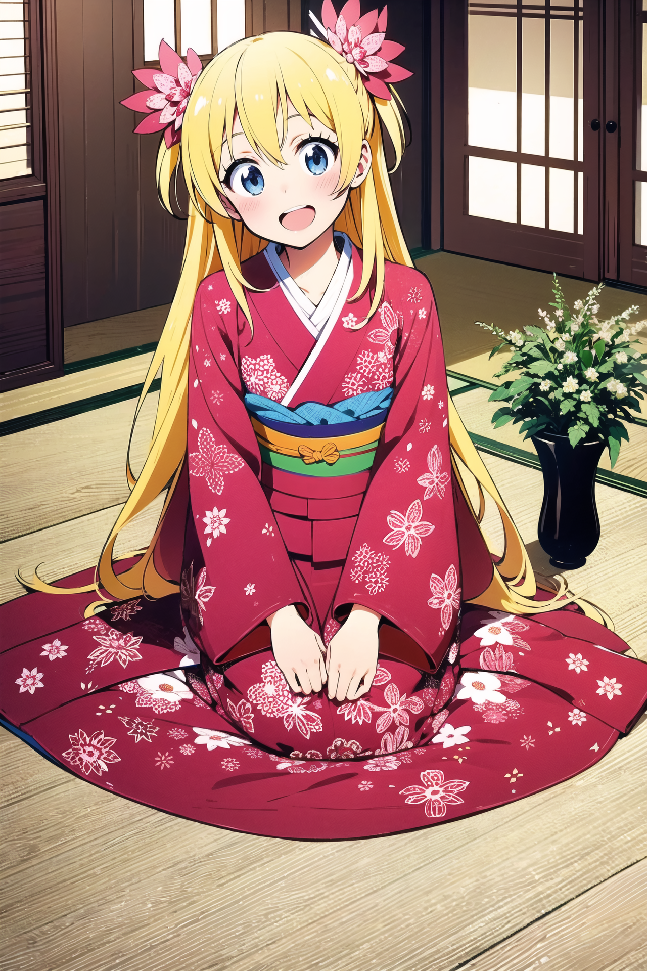 17979-3619897484-Kirisaki Chitoge, 1girl, japanese clothes, seiza, kimono, blonde hair, solo, blue eyes, floral print, flower, vase, long sleeves.png